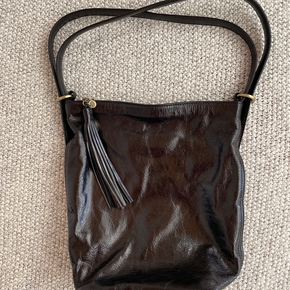 Hobo international black patent leather blazer bucket backpack bag